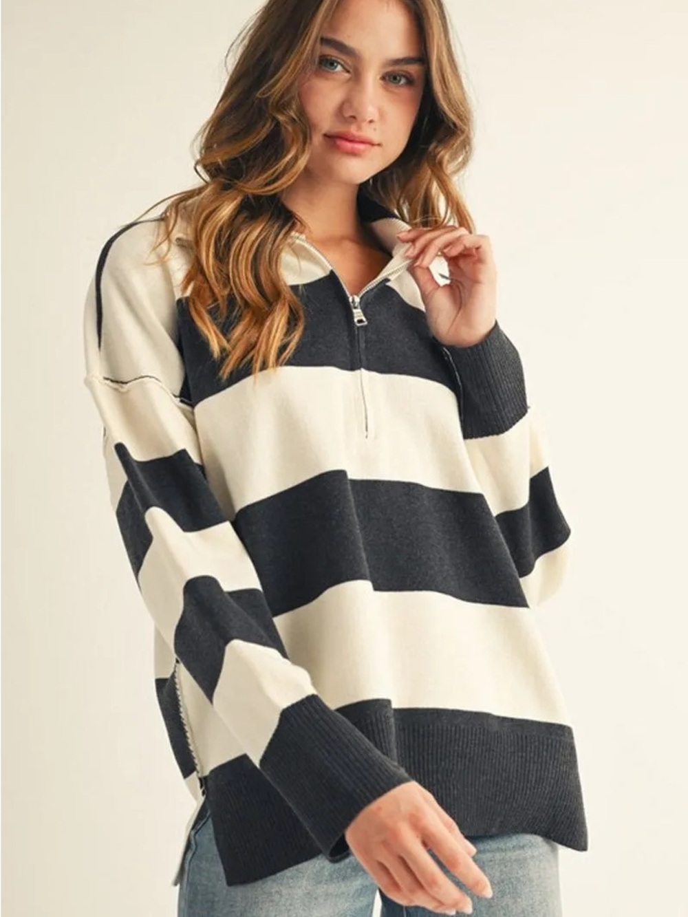 Jodifl Chunky Half-Zip Rugby Stripe Sweater - Black & Cream NWOT Small